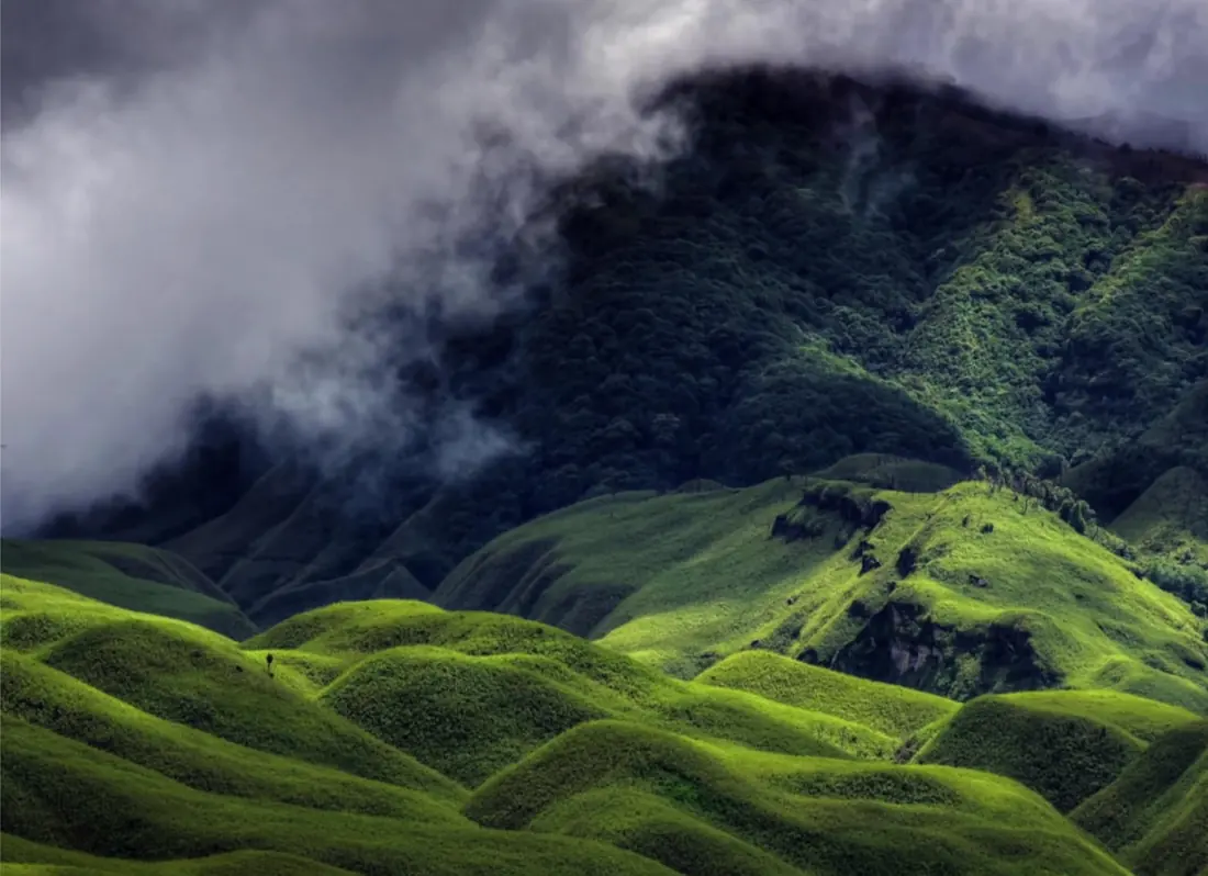 Cloud rolling over the green folds of Dzükou Valley