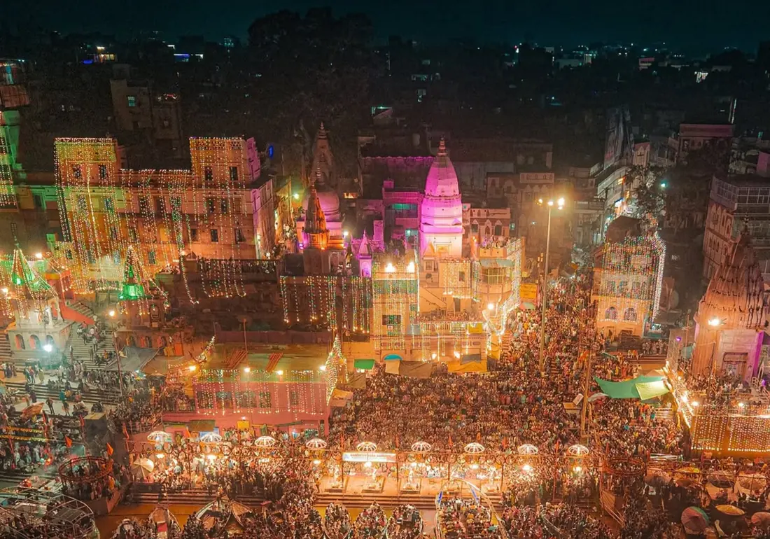 The Varanasi ghats crowded and glowing on Dev Diwali